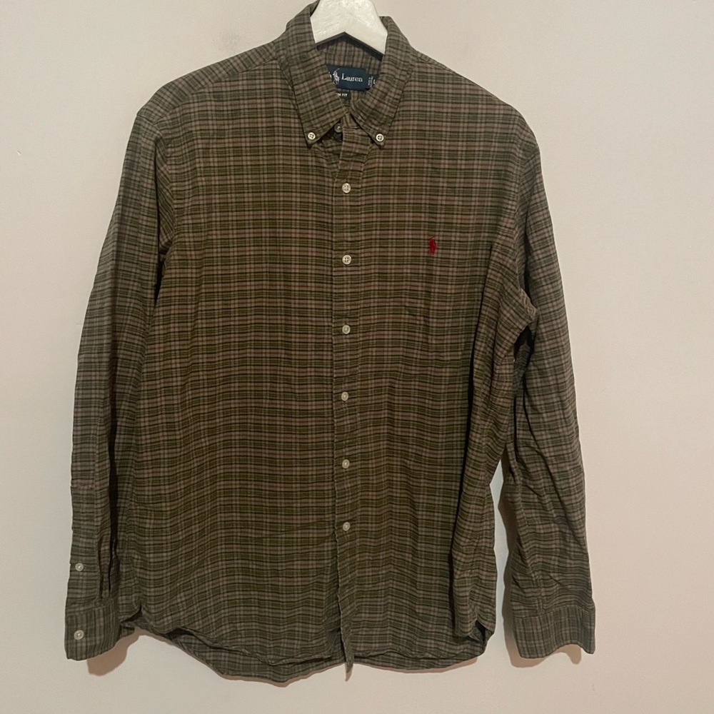 RALPH LAUREN Long Sleeve Olive Green Plaid Button Down Dress Shirt‎ Sz Large